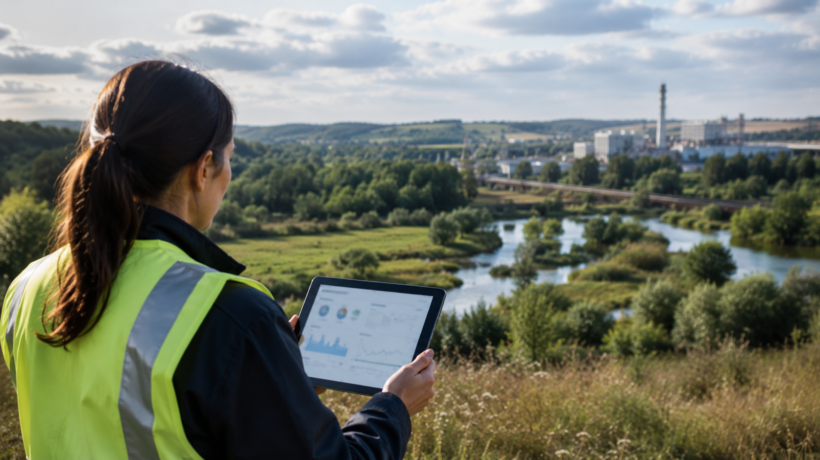 Ingénieur environnent avec une rapport sur tablette devant une zone humide et une usine en fond.